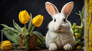 A white rabbit smelling a yellow tulip, a tranquil scene evoking the arrival of spring.