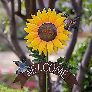 Garden Metal Sunflower Stake with Welcome Sign, Welcome Decoration Yard Art Decor Sunflower Stake, Indoor Outdoor Decorative Sunflower Lawn Ornament for Yard Pathway Patio Backyard