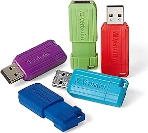 Verbatim 16GB Pinstripe USB 2.0 Flash Drive Retractable Thumb Drive - 5 Pack - Multicolor (Green, Blue, Red, Purple, Cyan)
