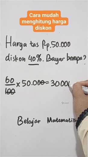 4.2K views · 22 reactions | Cara mudah menghitung diskon‼️ #trikdiskon #hitungdiskon #reelsmatematika #reelsfyp #belajarmatematika #trikcepat #trikmudah #fypviral #trending #populer #fyp #viral #mathematics #freedom #rules #utbk #anbk #ujian #bigblue #bimbel #logika #trik #fblifestyle #math #usa #book #spanish #numbergame #thanksgivingevent #job | Belajar Matematika | Facebook