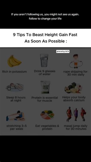 The Health Guide on Instagram: "Read caption ⬇️.. . "Are you looking for the best ways to increase your height naturally? 🌱✨ Growing taller isn’t just about genetics — your lifestyle, nutrition, and daily habits play a big role in maximizing your height potential. 🚀 Here are 9 powerful tips to boost your growth: eat potassium-rich foods like bananas 🍌 to strengthen your bones, drink at least 9 glasses of water daily 💧 to stay hydrated, and add rope skipping 🏃‍♂️ for 30 minutes a day to stim