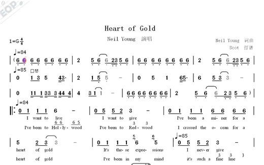 【民谣】Heart of Gold（(Neil Young演唱）--动态简谱