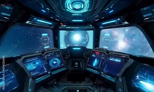 Starship bridge with control panels and views of space. 4K Video hyperrealistic