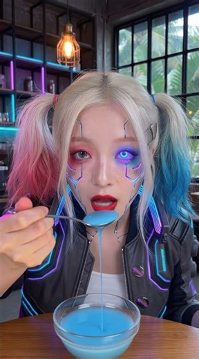 🤖💙 Cyberpunk Cyborg Girl Drinks Neon Blue Elixir | AI ASMR #shorts