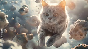 A cat floats in space, with debris and meteorites surrounding it, Astronaut cat
