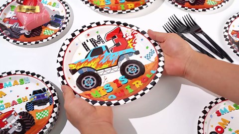 Grencian 96 Pcs Monster Theme Truck 3rd Birthday Party Supplies Serves 24