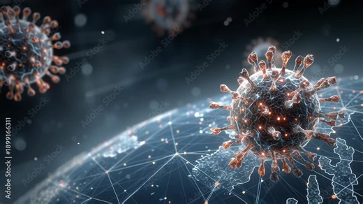 Worldwide disease risk concept art, macro virus structure hovering over interconnected global systems, subtle data lines and grids, clean professional color palette, high realism