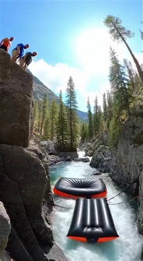 Heavy Guys Leap From Mountain Into River Airbag — Brutal Double Bounce