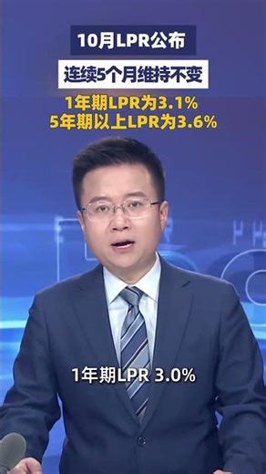 10月20日，10月LPR公布，连续5个月维持不变，1年期LPR为3.1%，5年期以上LPR为3.6%#大象主播说 司凯