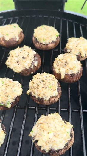 Crab Stuffed Mushrooms on the Bronco Drum Smoker #oklahomajoes #bbq #cooking #charcoal #food