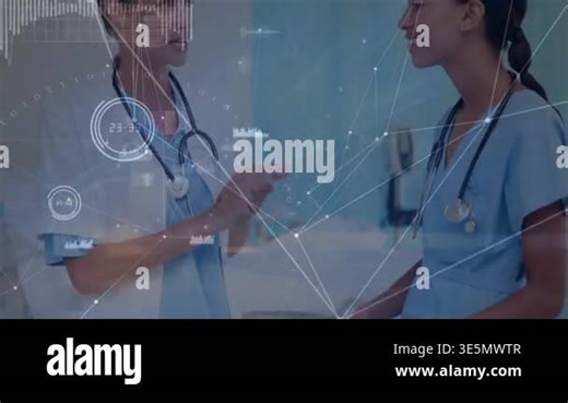 Animation of dots connected by lines, graphs, database over multiracial doctors talking in hospital. Digital composite, multiple exposure, communication, report, finance medical, healthcare concept Stock Video Footage - Alamy