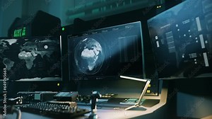 Futuristic scanner tech searches for the confidential data. Scanner tech connecting to the target satellite to collect data. Scanner tech stealing the secret data about the enemy position.