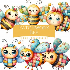 15 Patchwork Bee, Clipart Bundle, Watercolor Clip Art, Whimsical Bee, Nursery, Digital Download, Printable Babyshower, Quirky Bee - Etsy