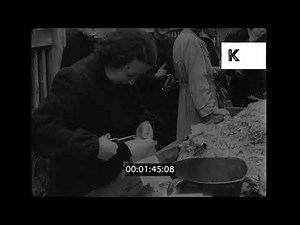 1945 Germany, Berlin Collecting Rations, End of WWII, Market, 35mm