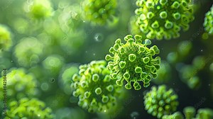 Microscopic view of floating influenza virus cells. Microscope virus close up. Green dangerous virus. Virus cells in a green background. Dangerous virus. 3d rendering