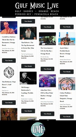 🎤 𝐆𝐌𝐋 𝐒𝐞𝐭𝐥𝐢𝐬𝐭 – 𝐓𝐡𝐮𝐫𝐬𝐝𝐚𝐲, 𝐅𝐞𝐛 𝟐𝟔𝐭𝐡 🎤 🏝️ GulfMusicLive.com 🏝️ It's Thursday - so basically the weekend! Start it off right by getting over to GML and seeing what all is going on today along the Gulf Coast. The music is already rocking at Big Beach Brewing Company (The Band Wanted) and Icehouse Tap Room Gulf Shores (JB Dyess) - and it continues on until later tonight with Jesse Duncan and the Jets at the Flora-Bama Lounge & Package. Check out the full calendar & search