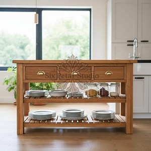 Solid Wood Kitchen Island, Farmhouse Prep Table With Drawers & Shelves - Etsy