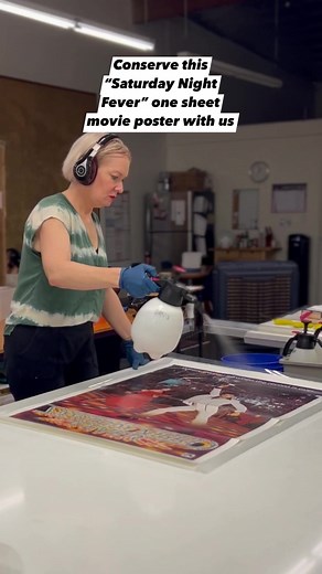 Linen backing this “Saturday Night Fever” one sheet movie poster for Limelight Movie Art 🕺🏼 #reels #restoration #poster | Fourth Cone Restoration