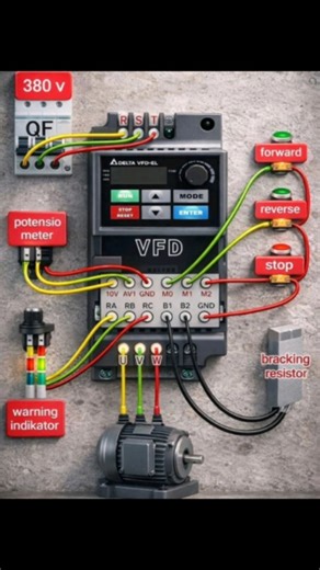 S_U_D_I_P on Instagram: "The image displays a wiring diagram for a Delta VFD-EL, a Variable Frequency Drive used for motor control. It outlines the connection between a 380V power supply, control components, and a three-phase motor. 📝Key information in the diagram:- •Power Input: A 380V supply is connected to the VFD via a circuit breaker (QF) at terminals R, S, and T. •Motor Connection: The VFD controls a three-phase induction motor connected to terminals U, V, and W. •Control Mechanisms: A po