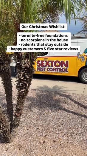 Sexton Pest Control on Instagram: "🎄Our Christmas Wishlist is simple: ✅ Termite‑free foundations in Arizona homes ✅ No scorpions sneaking inside desert houses ✅ Rodents that stay outside where they belong ✅ Happy customers & five‑star pest control reviews And one more thing… 🚲 bikes for kids in need this holiday season! 🎄❤️ Help us check this list twice! 🎅 Save & share this reel, then call Sexton Pest Control at (602) 254‑PEST to book your pest, weed, or termite service before 12/21. #Sexton
