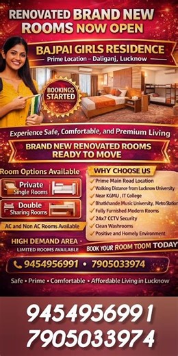 "Brand New Renovated Girls Rooms Near Lucknow University – Safe & Reasonable Rent!”