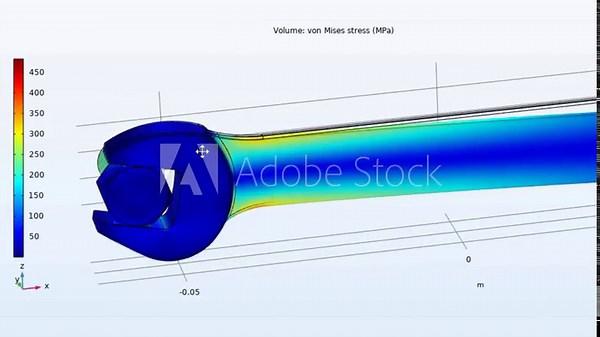 Video animation of computer 3d modeling and analysis of wrench and bolt model with rotation using computer aided design system. Von Mises stress color graph with grid. Technic education cad drawing.