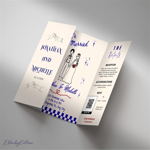 Modern Illustrated Wedding Invitation Template, Gatefold, Canva Editable (digital Download) - Etsy