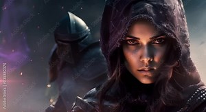 Encounter between a mysterious dark elf woman and a formidable armored warrior. Concept Fantasy Encounter, Dark Elf Woman, Armored Warrior, Mysterious Characters, Epic Battle