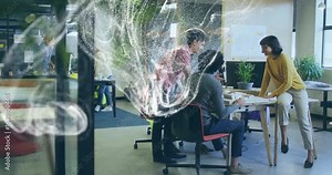 Three colleagues starting design review meeting while white particle swarm visualizing ideas Stock Video