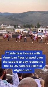13 Riderless Horses, draped with American flags lead out to honor the 13 fallen heros who lost their lives in Afganistan. The rodeo at Francis Frontier Days. | Horse Habit TV
