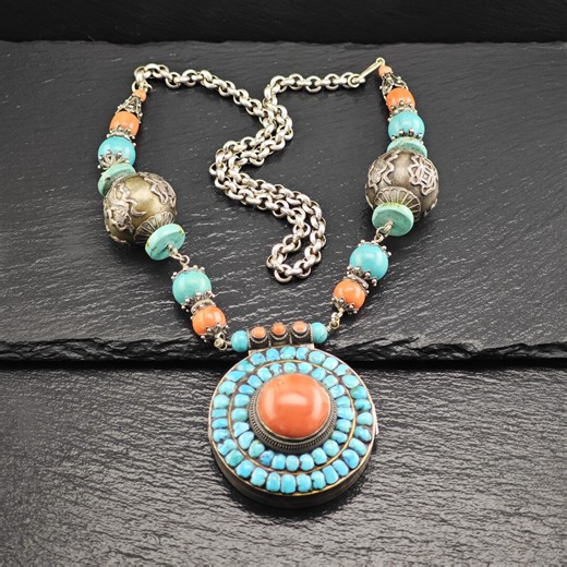 Turquoise and Coral Locket Necklace: Nepalese Style (sterling Silver) 25 3/4" - Etsy