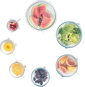 Modfamily Silicone Stretch Lids (7 pack, includes EXCLUSIVE XL SIZE), Reusable, Durable & Expandable to Fit Many Container Sizes & Shapes. Superior for Keeping Food Fresh, Dishwasher & Freezer Safe