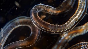 An intriguing image of a of nematodes coiled together their slender transparent bodies forming a mesmerizing pattern in the water. . AI generation.