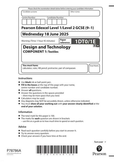 Pearson EDEXCEL GCSE Design And Technology Paper 1e 2025