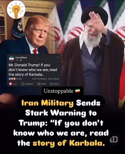 2.7K reactions · 25 comments | Iran Military Sends Stark Warning to Trump: “If you don’t know who we are,fread the story of Karbala.” Iran Military Sends The warning underscores Iran’s resolve in the face of pressure and highlights a deep-rooted narrative of perseverance against injustice. #Iran #DonaldTrump #Karbala #MiddleEast #BreakingNews #Geopolitics #IranMilitary | The-new Kashmir | Facebook