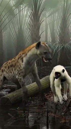 Spotted Hyena vs Verreaux’s Sifaka on the a swamp forest with knee-deep peat and raffia palms