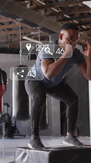 Vertical video: Male athlete pushing off box, doing plyo jumps in gym, showing icons counting reps
