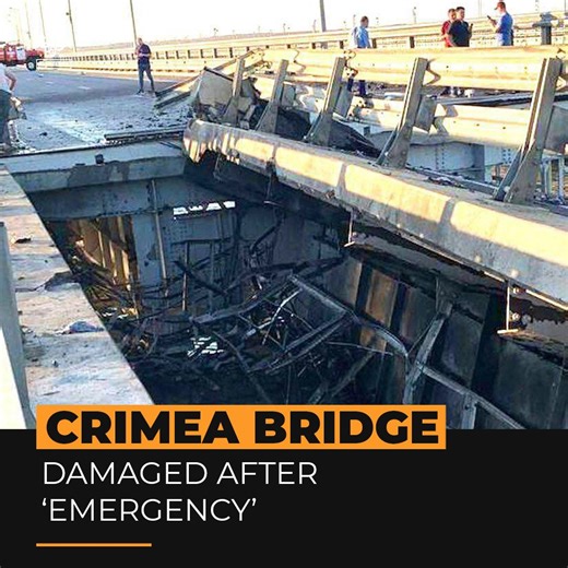 35K views · 981 reactions | Video shared online show damage to the Russian-built Kerch bridge, which links the annexed Crimean Peninsula to Russia’s Krasnodar region. Officials say two people were killed and a child was injured in what they described as an “emergency situation” ⤵️ | Al Jazeera English | Facebook