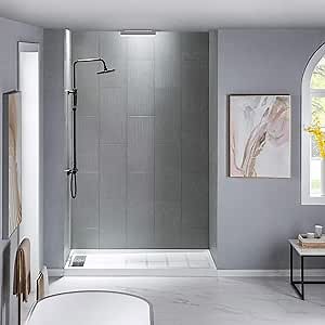 WOODBRIDGE Solid Surface 60" W x 96" H Tile Tub and Shower Wall Panel Surround, Quick Install, Cuttable, Stacked Block in a Staggered Vertical Pattern. Matte Gray Finish