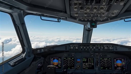 Commercial Airplane Cockpit View Flying Above White Clouds and Blue Sky at Daytime, Pilot Perspective of Aircraft Instrument Panel and Window View, Flight Simulation or Real Aviation Concept 4K.