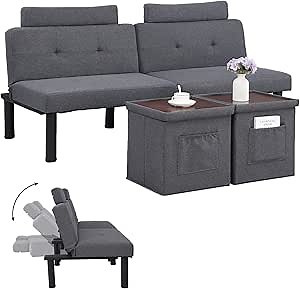 Convertible Futon Couch Bed with Two Storage Ottoman/Coffee Table, Linen Folding Loveseat Sleeper, Small Futon Sofa for Compact Living Space, Apartment, Dorm, Bedroom