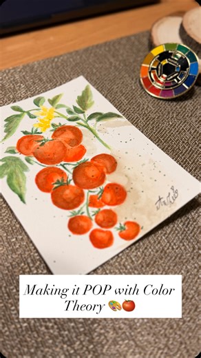 Arezoo Avnidin | Watercolor on Instagram: "Why your reds look brighter next to green 🍅🎨 @watercolor_arezoo Ever wondered why a tomato vine is the perfect subject for practicing watercolor painting? It’s a classic lesson in complementary colors. According to color theory, Red and Green sit on opposite sides of the color wheel. When you place them side-by-side on paper, they create a natural high contrast that makes each color vibrate and appear more intense. This is why the red tomatoes in this
