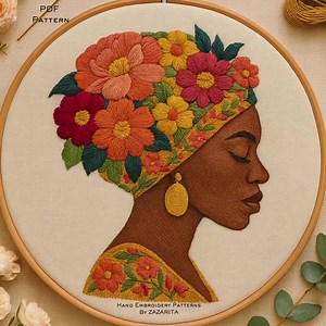 African Woman Embroidery Pattern: Elegant Floral Headwrap Hoop Art (PDF Pattern) - Etsy