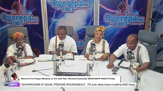 Word & Fire Prayer Ministry is live with Rev. Richard Asamoah on Oyerepa Radio WHATSAPP 0552775132|| 24-11-2025 DISCLAIMER: The views expressed in this program are those of the individuals and do not necessarily reflect the views of Promise Broadcasting Limited. [Oyerepa fm/Tv, Promise Radio/Tv] WITH THE EXCEPTION OF LIVE INTERVIEWS, WE DO NOT OWN THE RIGHTS TO THIRD-PARTY AUDIO AND VIDEO CONTENT IN THIS LIVE STREAM. AUDIO AND VIDEO CONTENT ARE USED FOR PROMOTIONAL PURPOSES ONLY. Copyright Discl