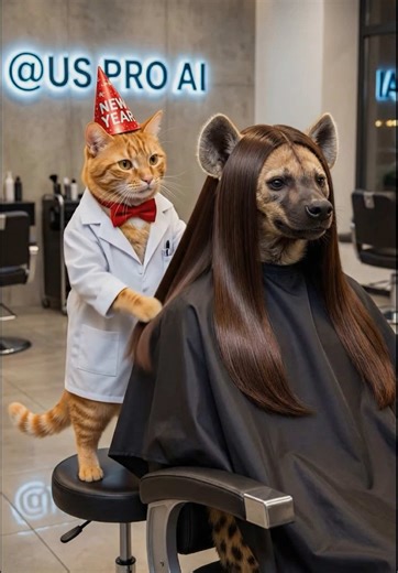 Jackal Hair Straight Magic” – Cat stylist smooths the wild look! 🐱✨🐺 #ai #cat #orangecat #animals #aivideo