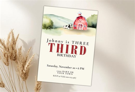 Farm Third Birthday Invitation Boy Editable Barnyard Invite Template Rustic Farm Animal 3rd Birthday Party Canva Wild Three - Etsy