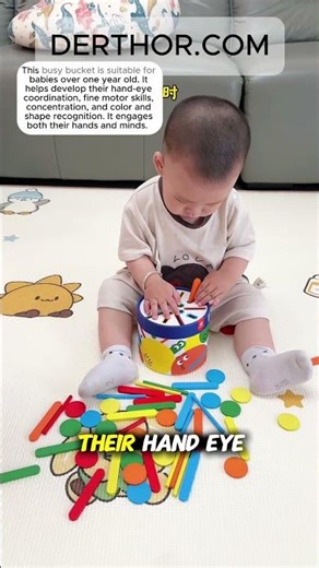 This busy bucket is suitable for babies over one year old. It helps develop their hand-eye
