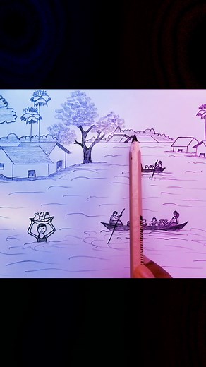 Drawing a Beautiful Flood Scenery | Easy Step-by-Step Tutorial