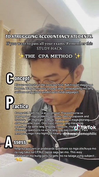 THE CPA METHOD. The key to studying is ✨organized learning✨ wag yung kung ano lang feel mo gawin, kasi mabilis ka ma b-bore pag ganyan. Dapat may flow. May strategy. #studytips #accountancystudent #accountancyproblems #accountantsoftiktok #CPA #fyp