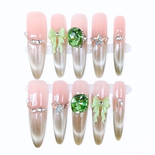 Luxury Green Gem Press on , Pink Gold Ombre Nails, 3D Bow Nails, Glam Kawaii - Etsy